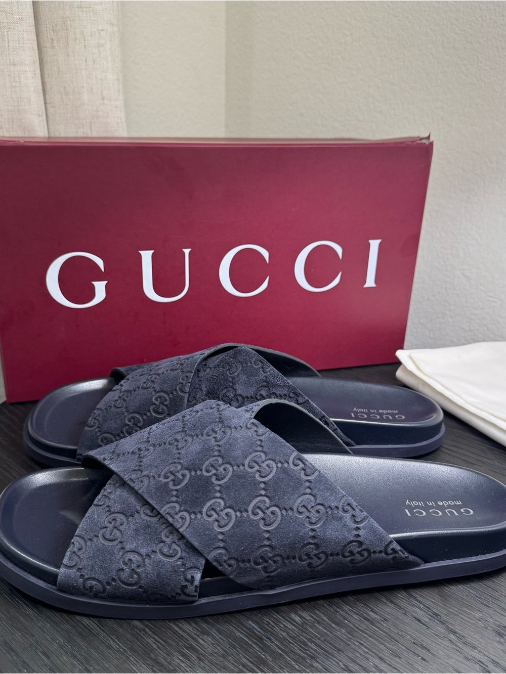 Gucci Rhein GG Crisscross Slide Sandals Suede Blue 13